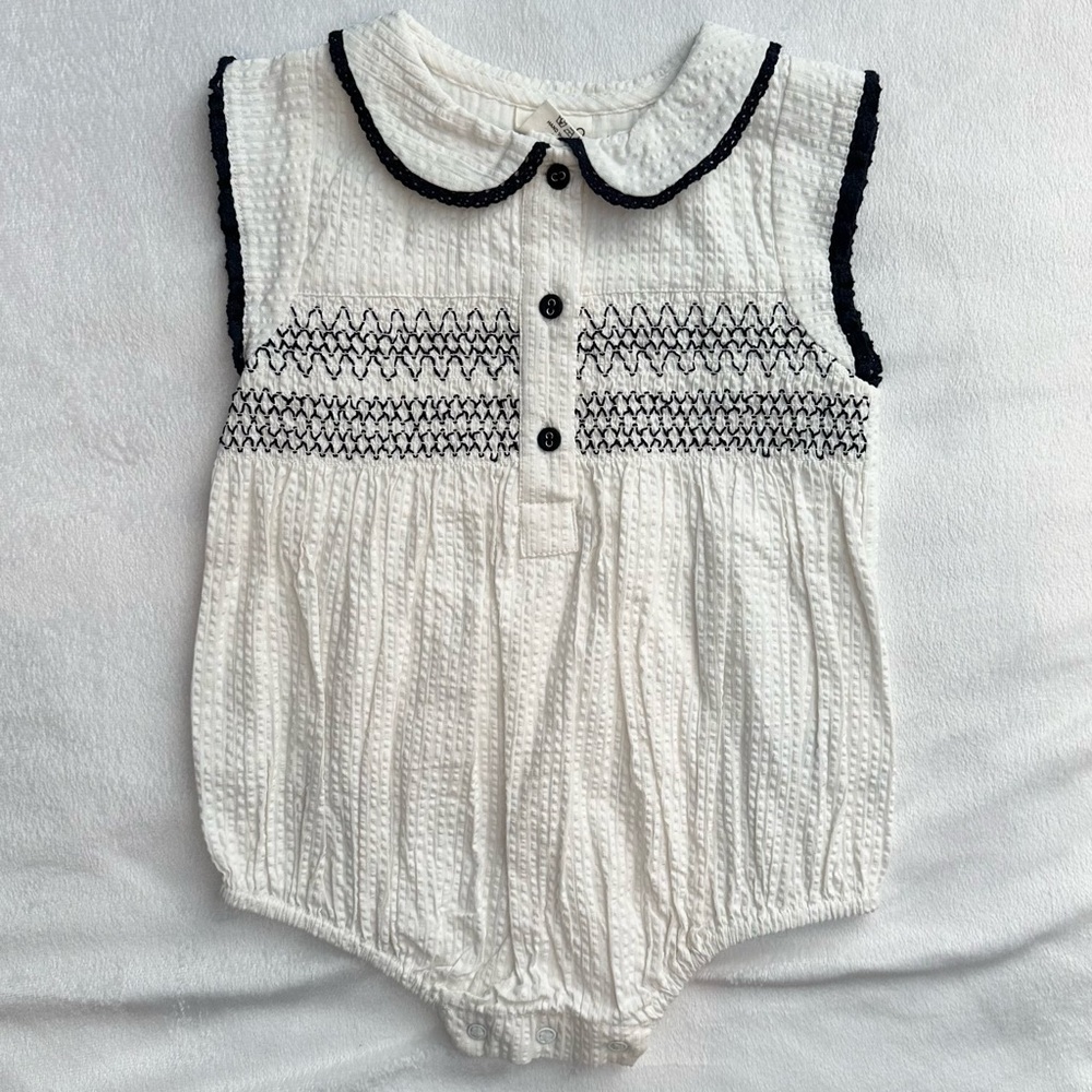 Viverano Organics Robin Seersucker Smocked Bubble Romper Baby Girl 12/18M Ivory